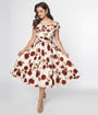 Unique Vintage White & Red Roses Off The Shoulder Tea Length Dress