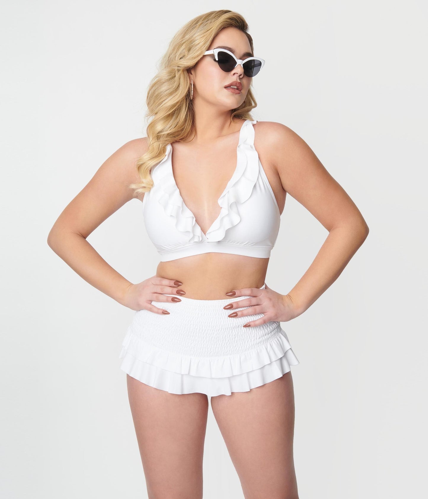 Unique Vintage White Shirred Skirt Swim Bottom - Unique Vintage - Womens, SWIM, BOTTOM