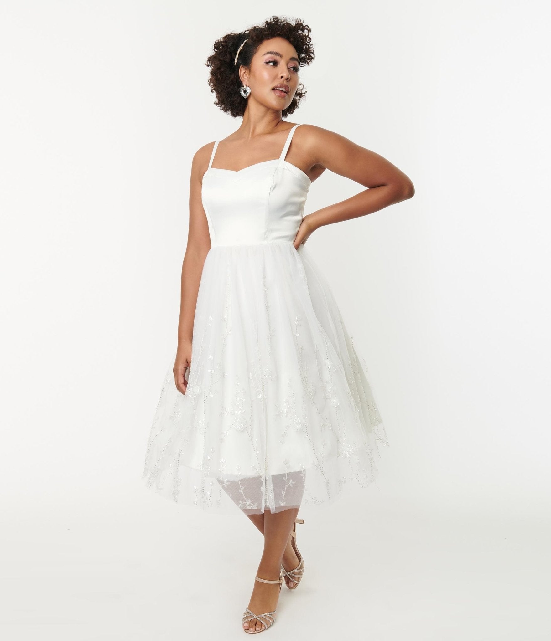 Unique Vintage White Tulle & Floral Beading Bertie Swing Dress - Unique Vintage - Womens, DRESSES, BRIDAL