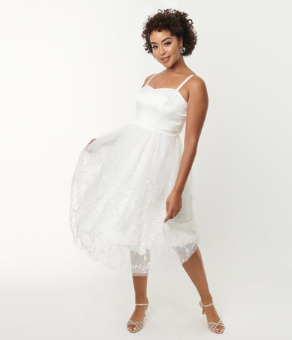 Unique Vintage White Tulle & Floral Beading Bertie Swing Dress - Unique Vintage - Womens, DRESSES, BRIDAL