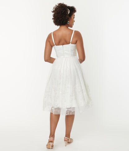 Unique Vintage White Tulle & Floral Beading Bertie Swing Dress - Unique Vintage - Womens, DRESSES, BRIDAL