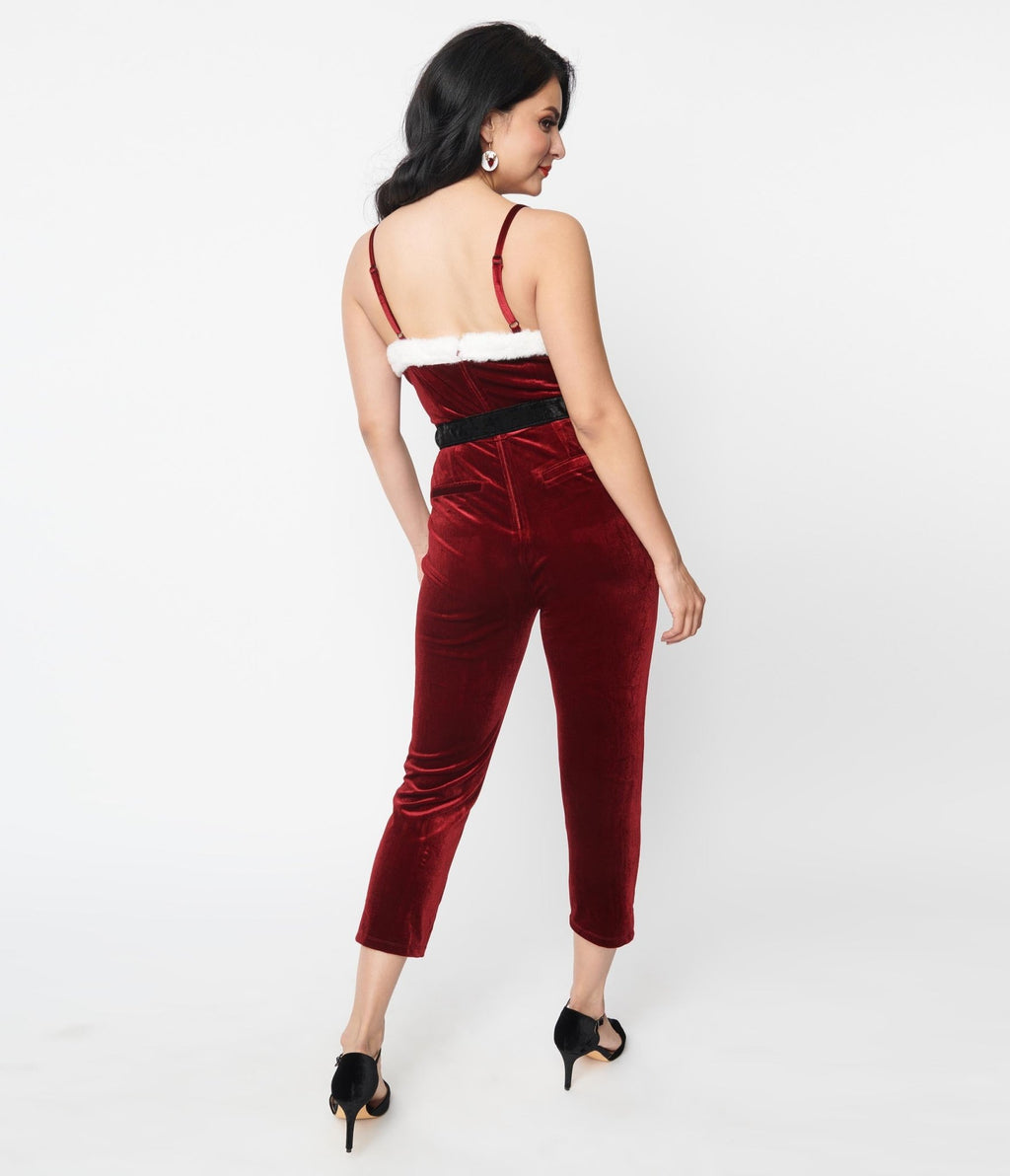 Unique Vintage Wine Red Velvet & White Faux Fur Cropped Jumpsuit - Unique Vintage - Womens, BOTTOMS, ROMPERS AND JUMPSUITS