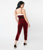 Unique Vintage Wine Red Velvet & White Faux Fur Cropped Jumpsuit - Unique Vintage - Womens, BOTTOMS, ROMPERS AND JUMPSUITS