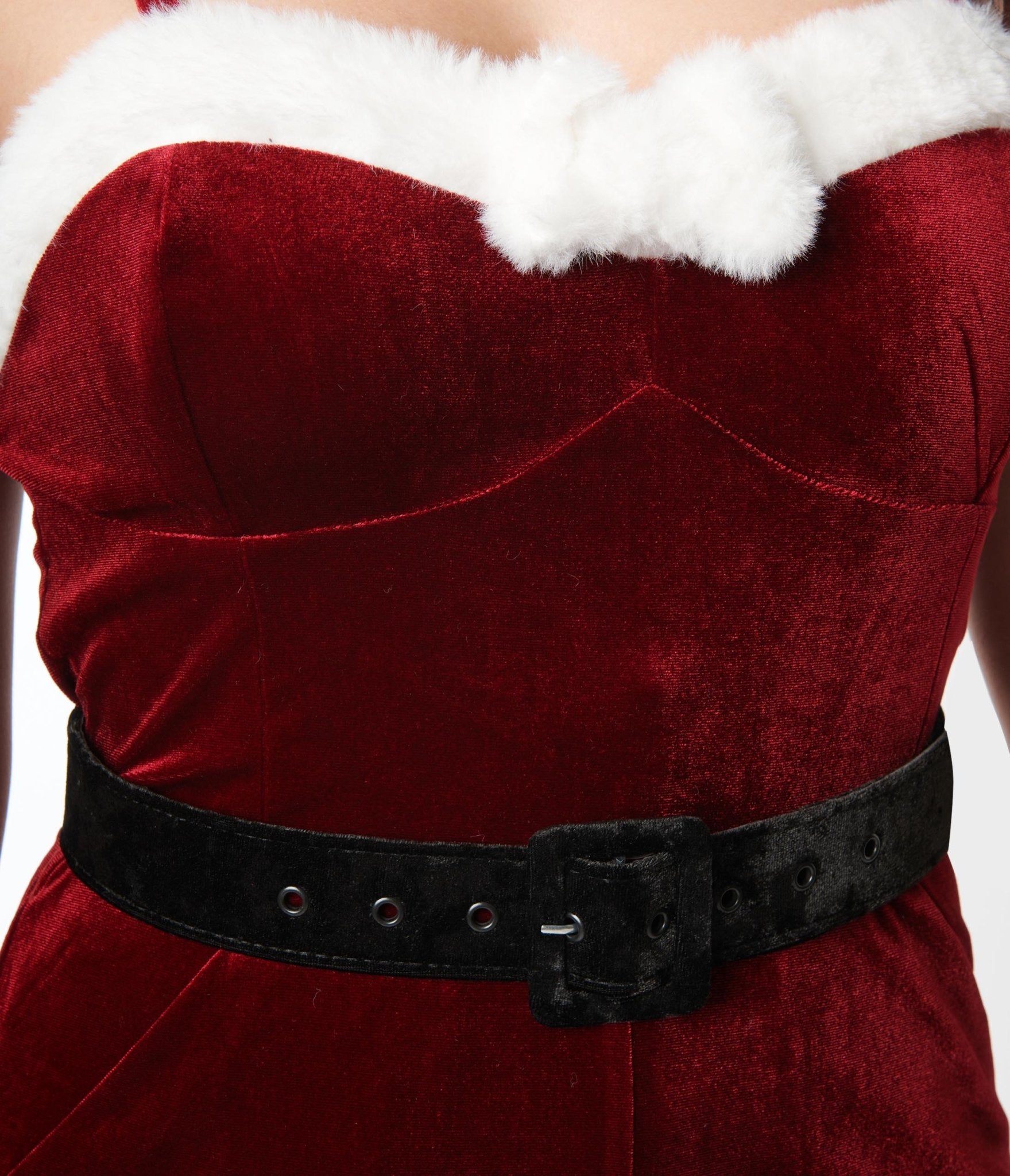 Unique Vintage Wine Red Velvet & White Faux Fur Cropped Jumpsuit - Unique Vintage - Womens, BOTTOMS, ROMPERS AND JUMPSUITS