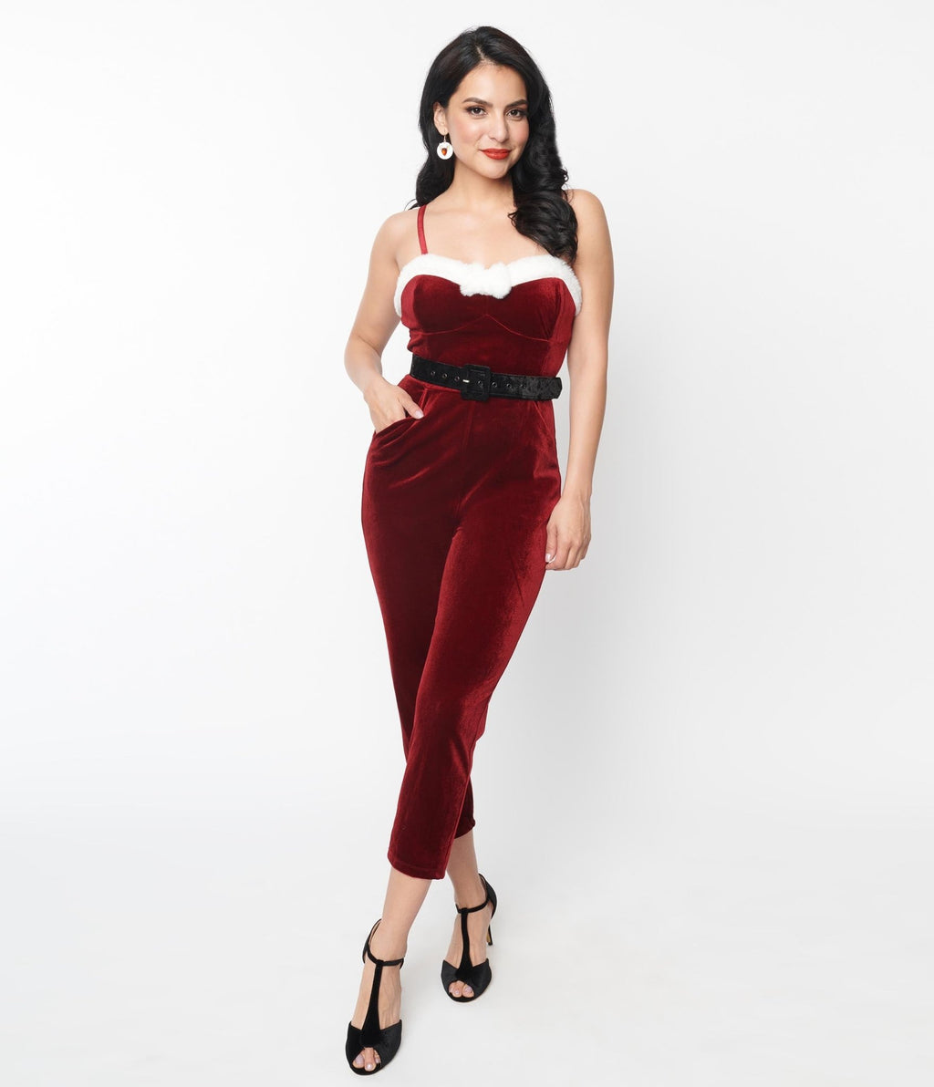 Unique Vintage Wine Red Velvet & White Faux Fur Cropped Jumpsuit - Unique Vintage - Womens, BOTTOMS, ROMPERS AND JUMPSUITS