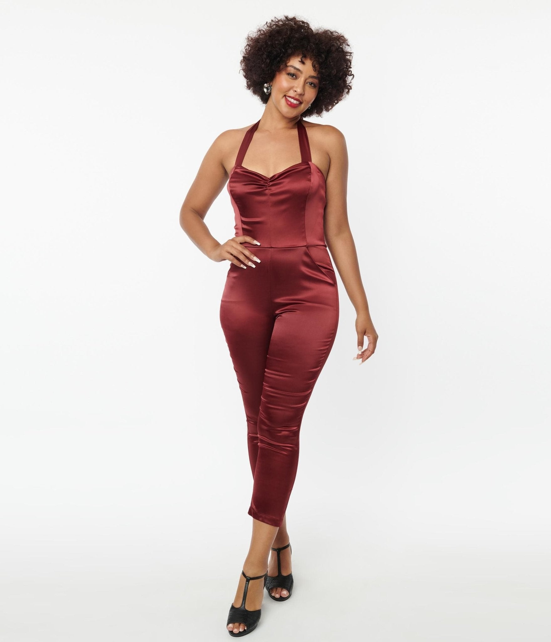 Unique Vintage Wine Satin Marcel Jumpsuit - Unique Vintage - Womens, BOTTOMS, ROMPERS AND JUMPSUITS