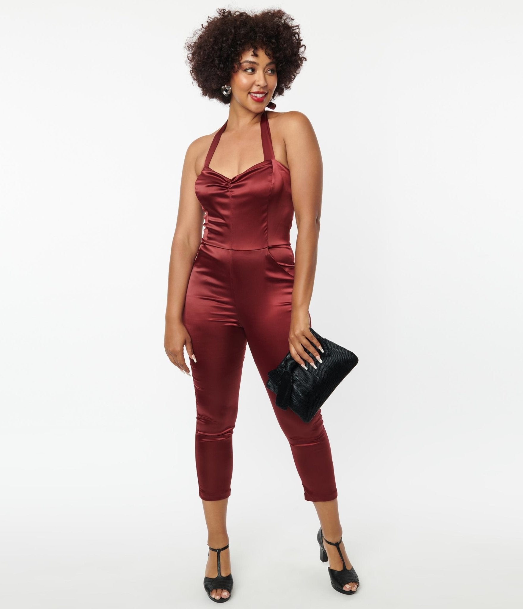 Unique Vintage Wine Satin Marcel Jumpsuit - Unique Vintage - Womens, BOTTOMS, ROMPERS AND JUMPSUITS