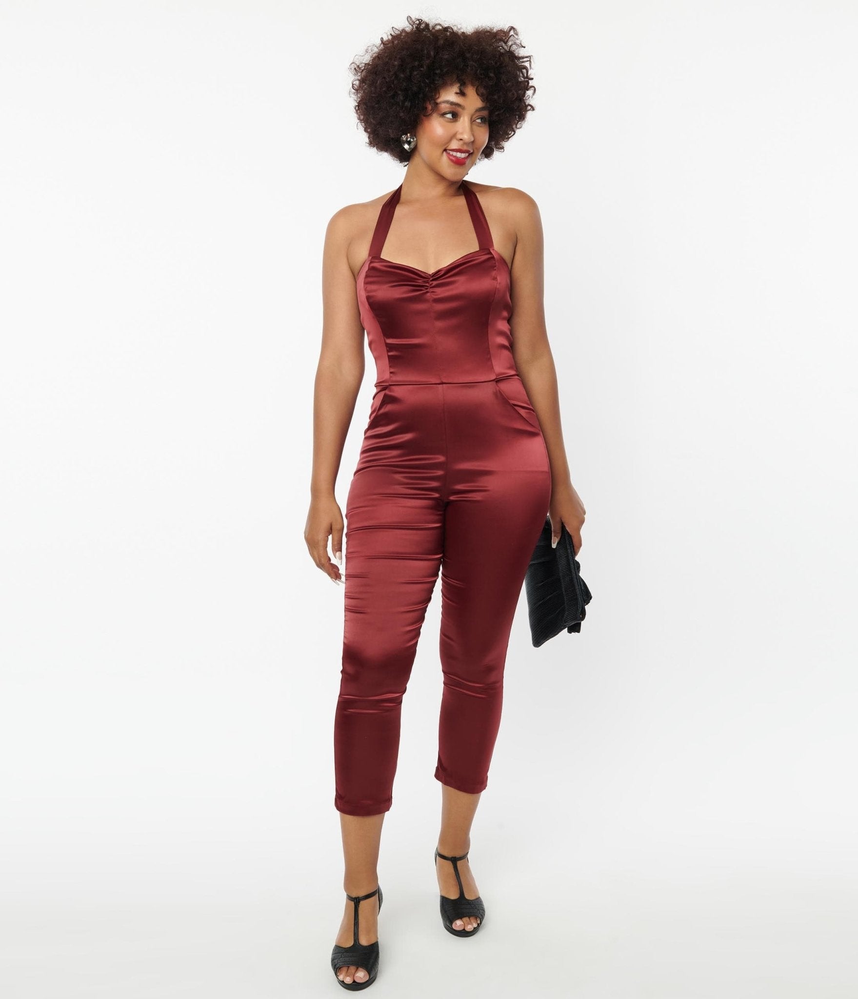 Unique Vintage Wine Satin Marcel Jumpsuit - Unique Vintage - Womens, BOTTOMS, ROMPERS AND JUMPSUITS