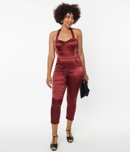 Unique Vintage Wine Satin Marcel Jumpsuit - Unique Vintage - Womens, BOTTOMS, ROMPERS AND JUMPSUITS