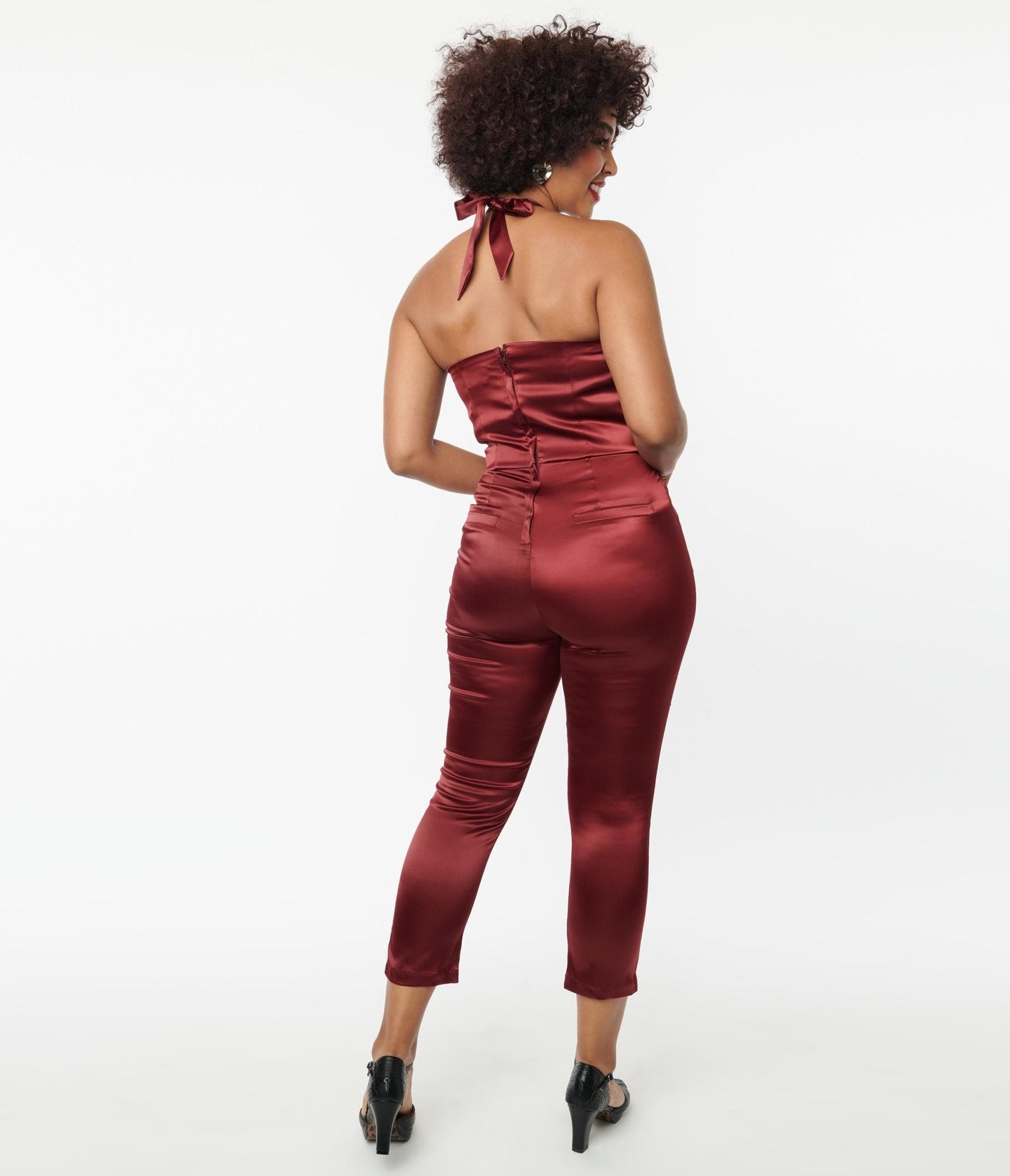 Unique Vintage Wine Satin Marcel Jumpsuit - Unique Vintage - Womens, BOTTOMS, ROMPERS AND JUMPSUITS