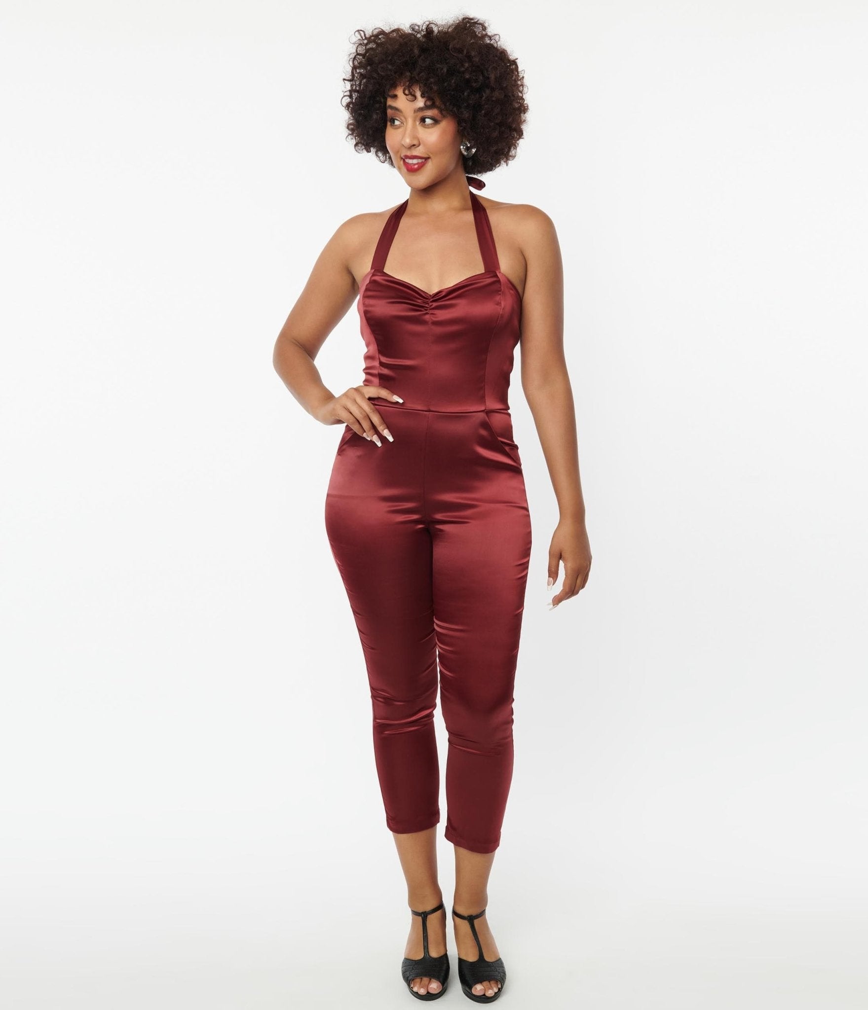 Unique Vintage Wine Satin Marcel Jumpsuit - Unique Vintage - Womens, BOTTOMS, ROMPERS AND JUMPSUITS