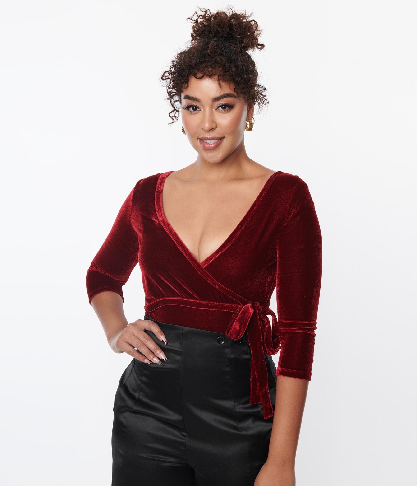 Unique Vintage 1970s Wine Velvet Surplice Bodysuit