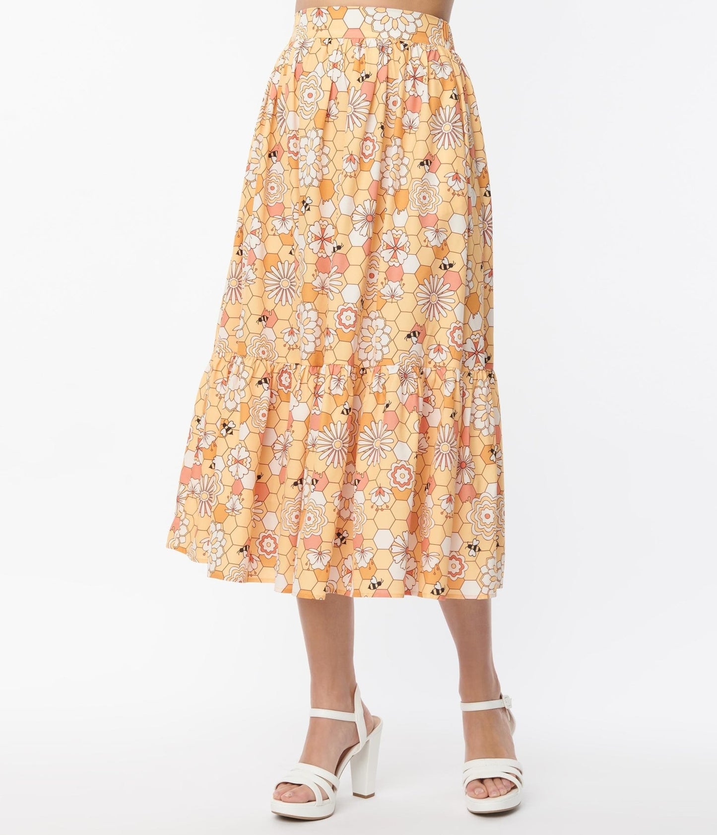 Unique Vintage Yellow Bee Print Tiered Midi Skirt - Unique Vintage - Womens, BOTTOMS, SKIRTS