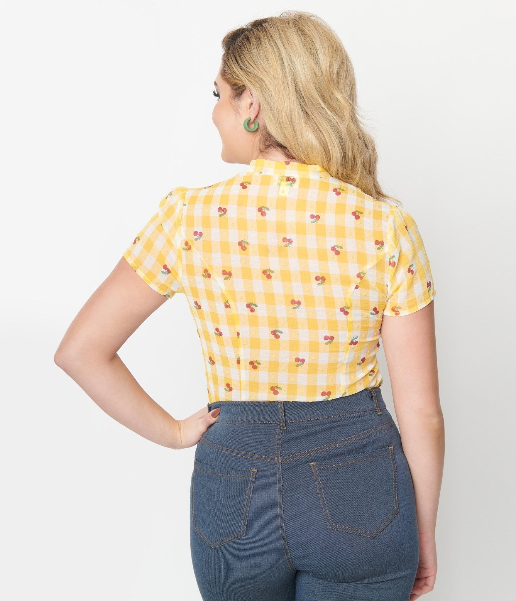 Unique Vintage Yellow Gingham Cherry Print Elsie Blouse