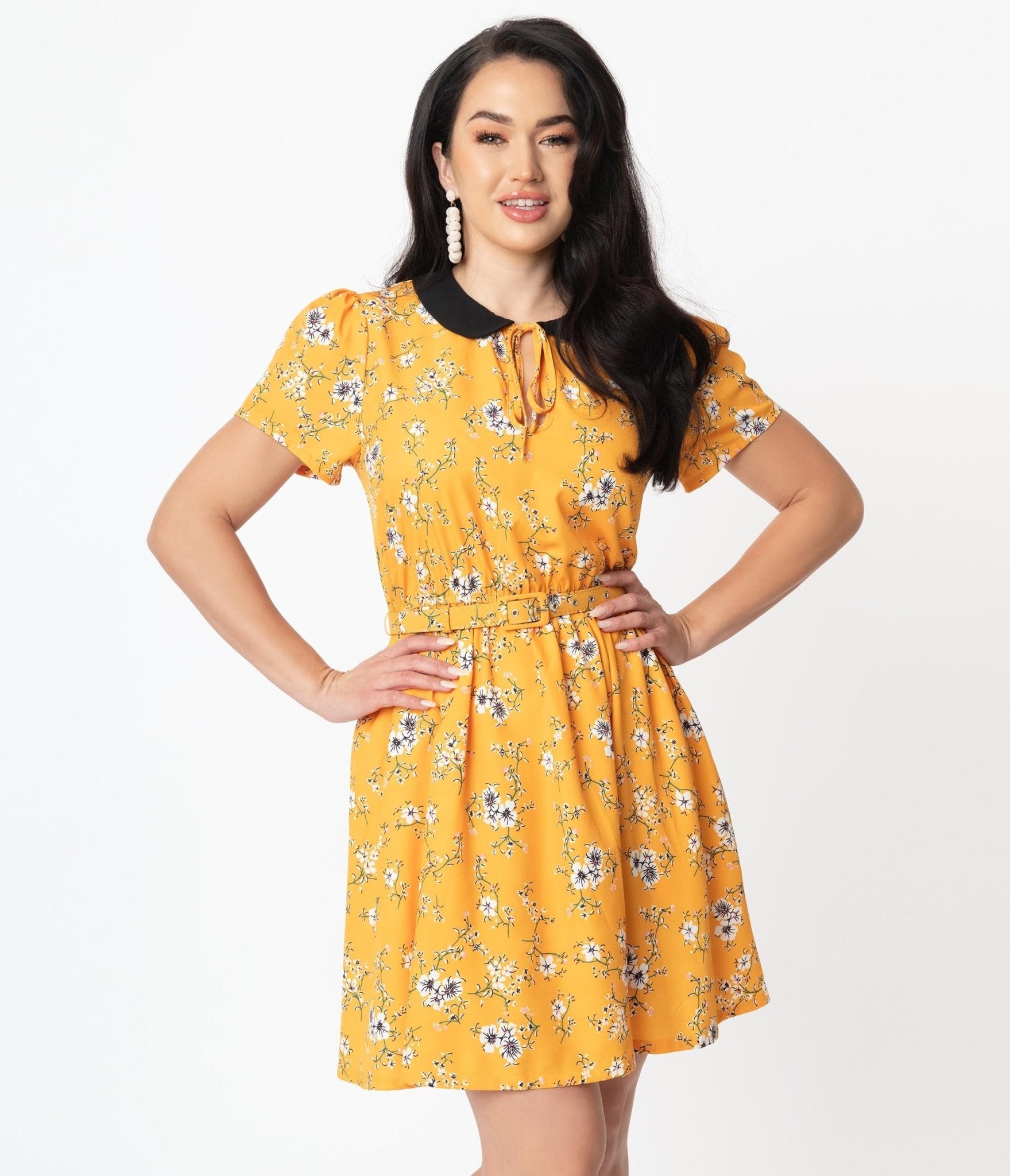 Unique Vintage Yellow White Floral Print Isla Flare Dress