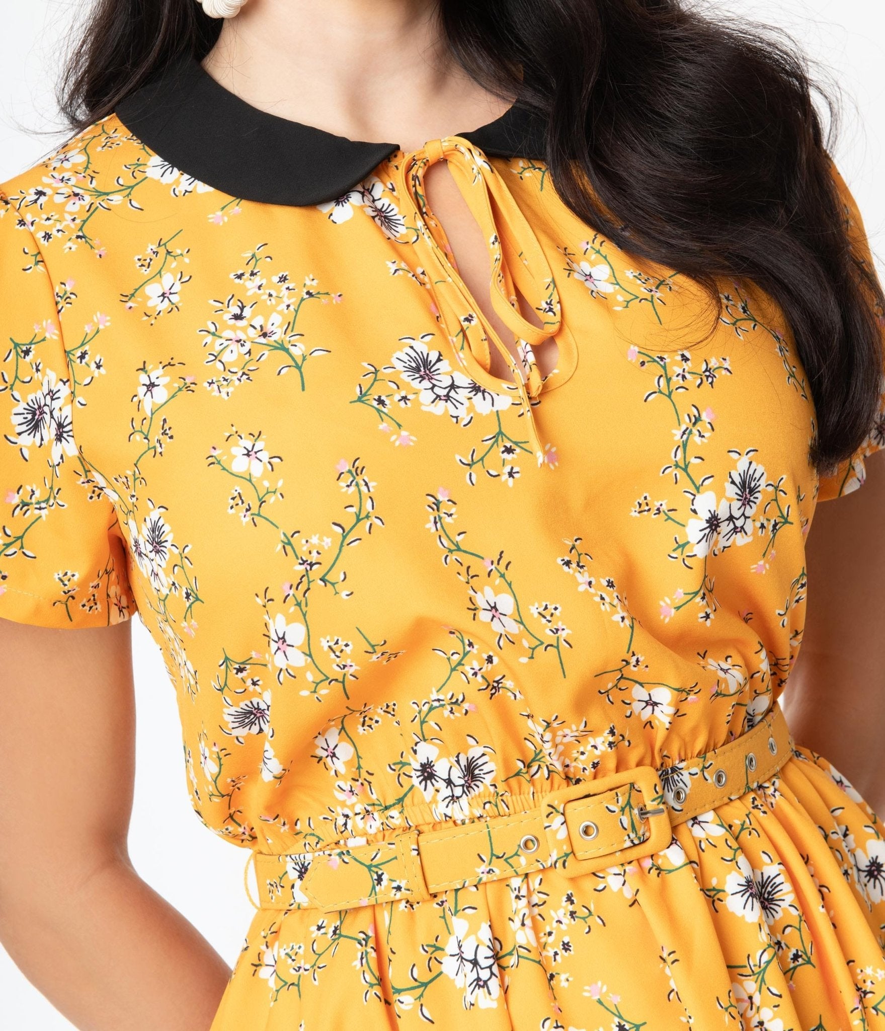 Unique Vintage Yellow White Floral Print Isla Flare Dress