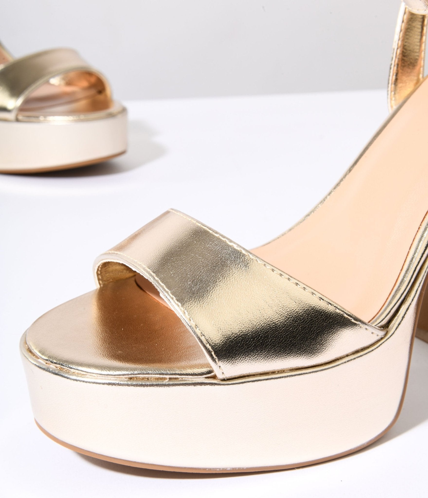 Vegas Gold Leatherette Platform Heels - Unique Vintage - Womens, SHOES, HEELS