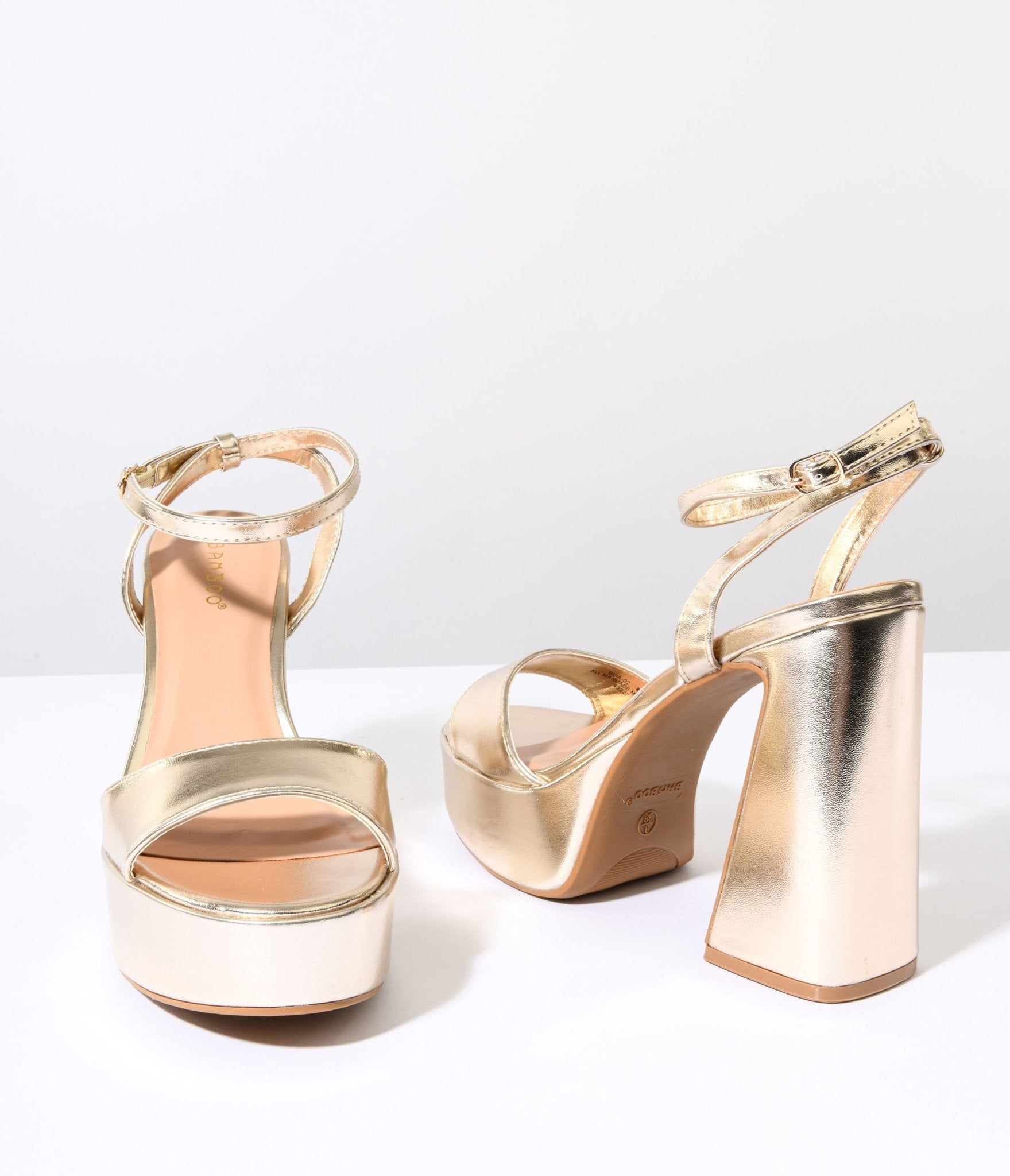 Vegas Gold Leatherette Platform Heels - Unique Vintage - Womens, SHOES, HEELS