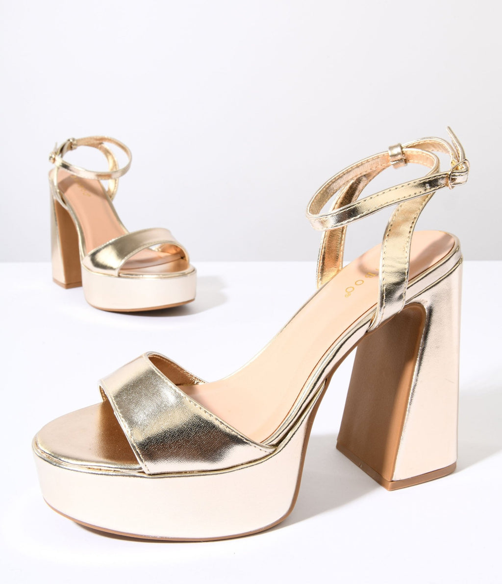 Vegas Gold Leatherette Platform Heels - Unique Vintage - Womens, SHOES, HEELS