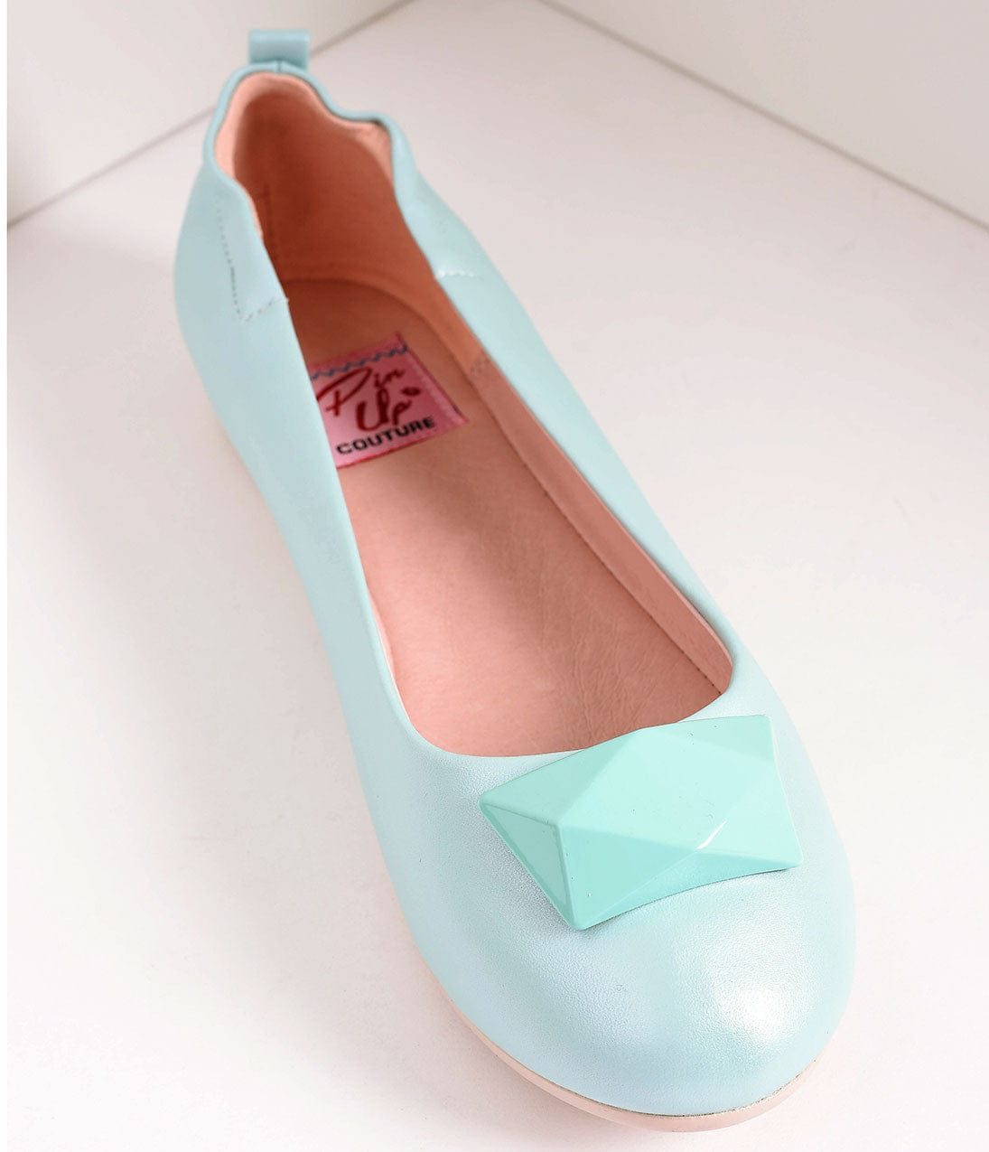 Vintage Style Aqua Blue Leatherette & Geometric Gem Ballet Flats - Unique Vintage - Womens, SHOES, FLATS