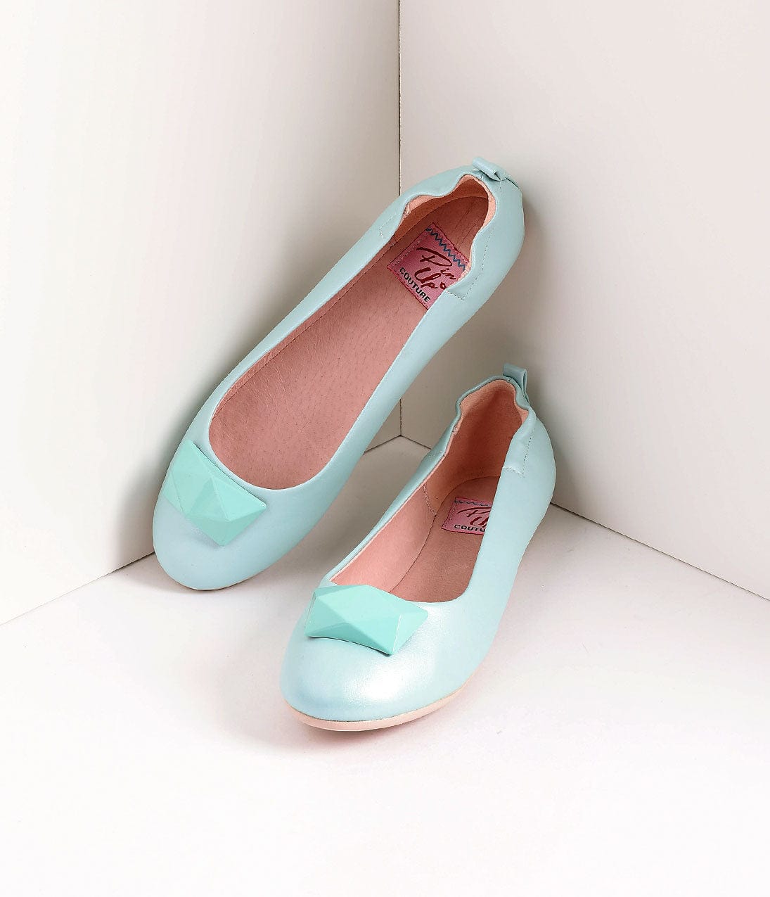 Vintage Style Aqua Blue Leatherette & Geometric Gem Ballet Flats - Unique Vintage - Womens, SHOES, FLATS