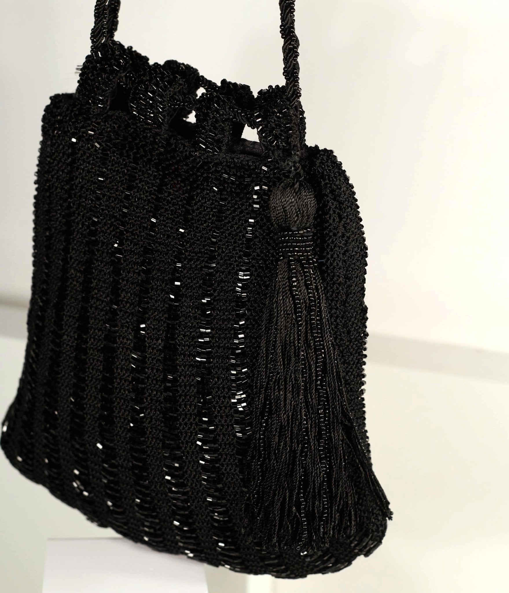 Vintage Style Black Beaded & Crochet Tassel Purse - Unique Vintage - Womens, ACCESSORIES, HANDBAGS