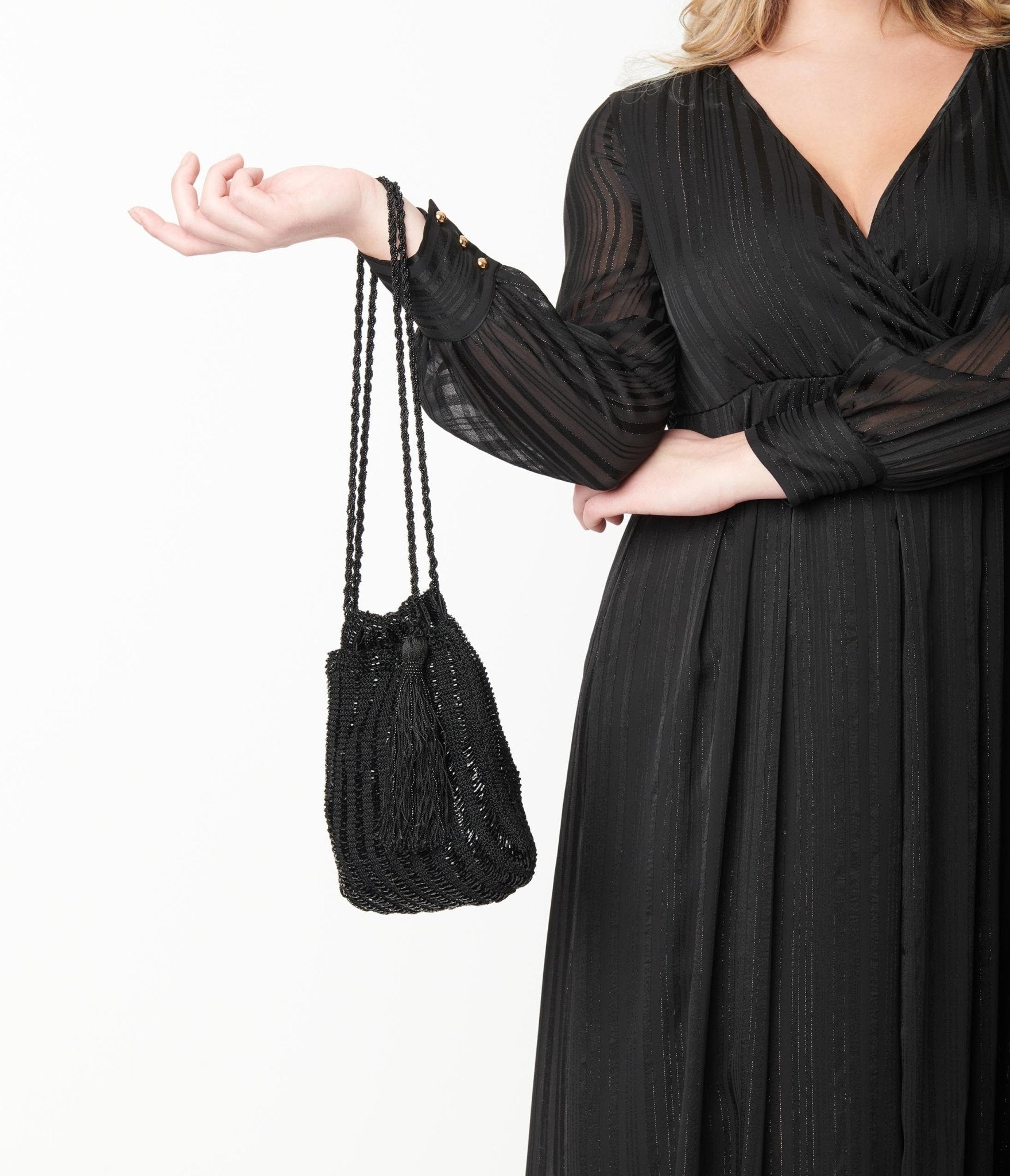 Vintage Style Black Beaded & Crochet Tassel Purse - Unique Vintage - Womens, ACCESSORIES, HANDBAGS