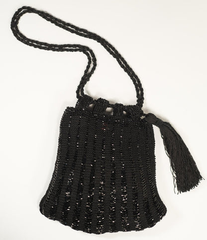 Vintage Style Black Beaded & Crochet Tassel Purse – Unique Vintage