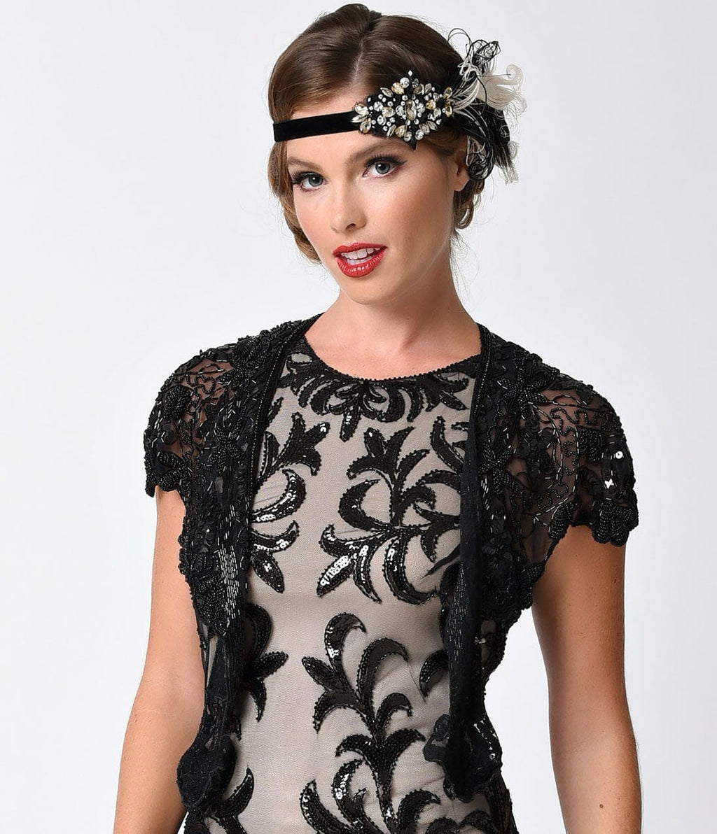 Vintage Style Black Deco Floral Beaded Capelet - Unique Vintage - Capelets