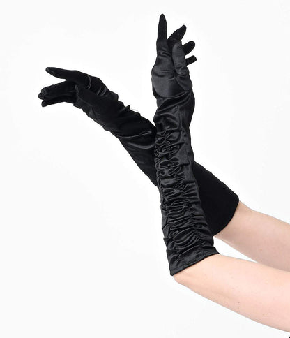 Vintage Style Black Elbow Length Ruched Opera Gloves - Unique Vintage - Womens, ACCESSORIES, GLOVES/SCARVES