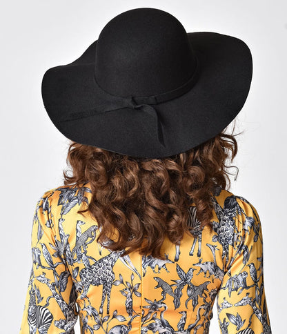 Vintage Style Black Felt Wide Floppy Hat - Unique Vintage - Womens, ACCESSORIES, HATS