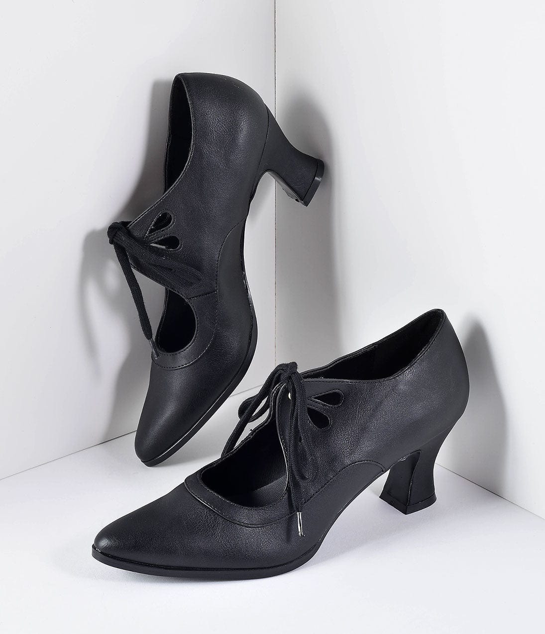 Vintage Style Black Leatherette Bow Tie Pointed Toe Heels - Unique Vintage - Womens, SHOES, HEELS