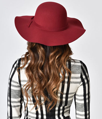 Vintage Style Burgundy Felt Wide Floppy Hat - Unique Vintage - Womens, ACCESSORIES, HATS