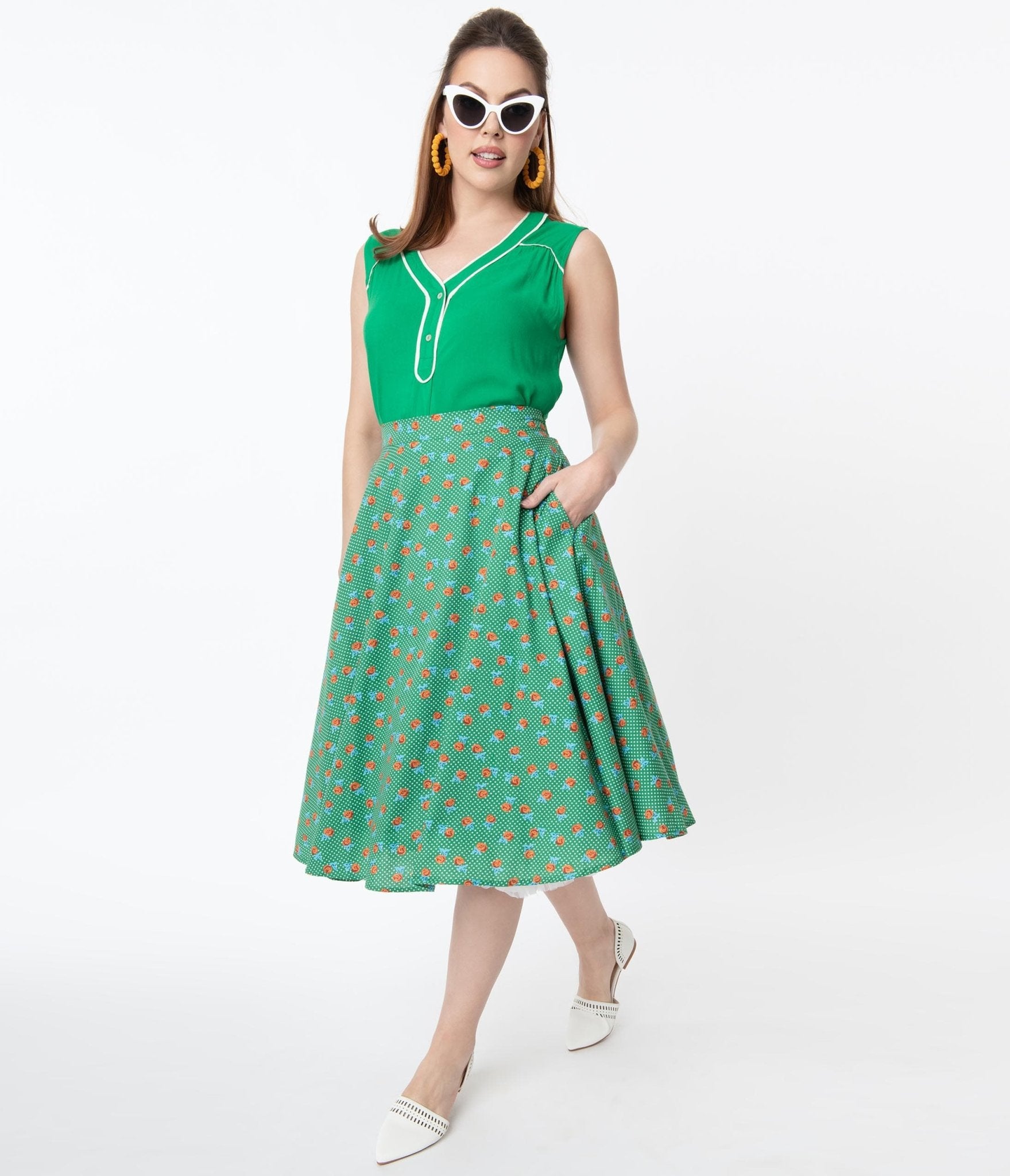 Vintage Style Green Dotted Red Floral Swing Skirt Unique Vintage