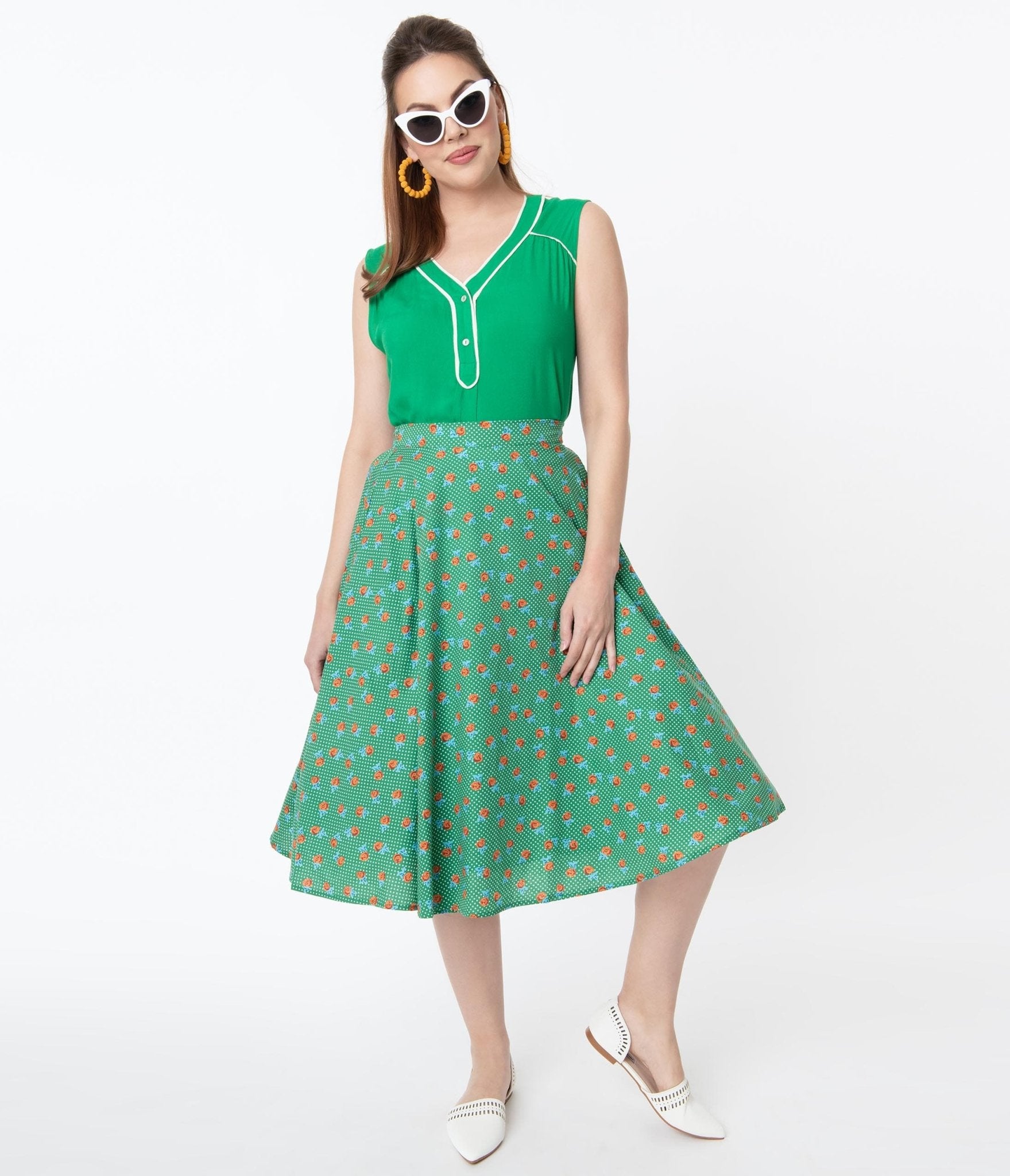 Vintage Style Green Dotted & Red Floral Swing Skirt - Unique Vintage - Womens, BOTTOMS, SKIRTS