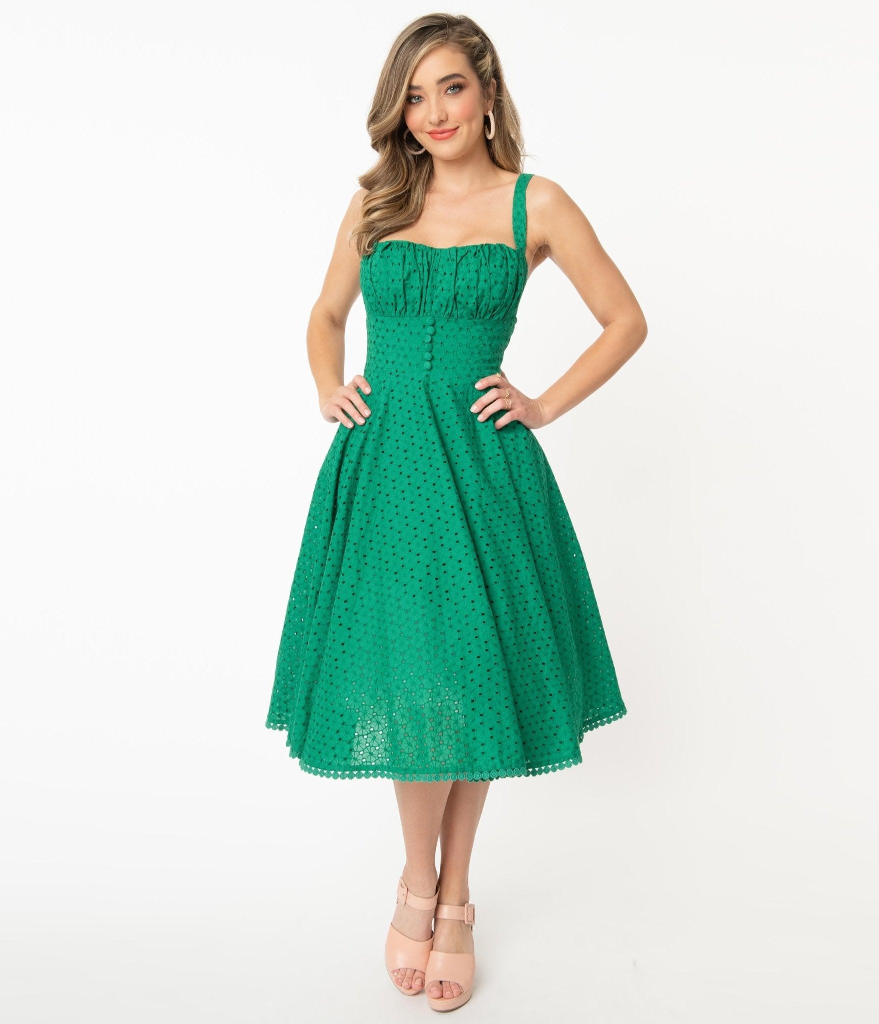 Vintage Style Green Floral Eyelet Valerie Swing Dress - Unique Vintage - Womens, DRESSES, SWING