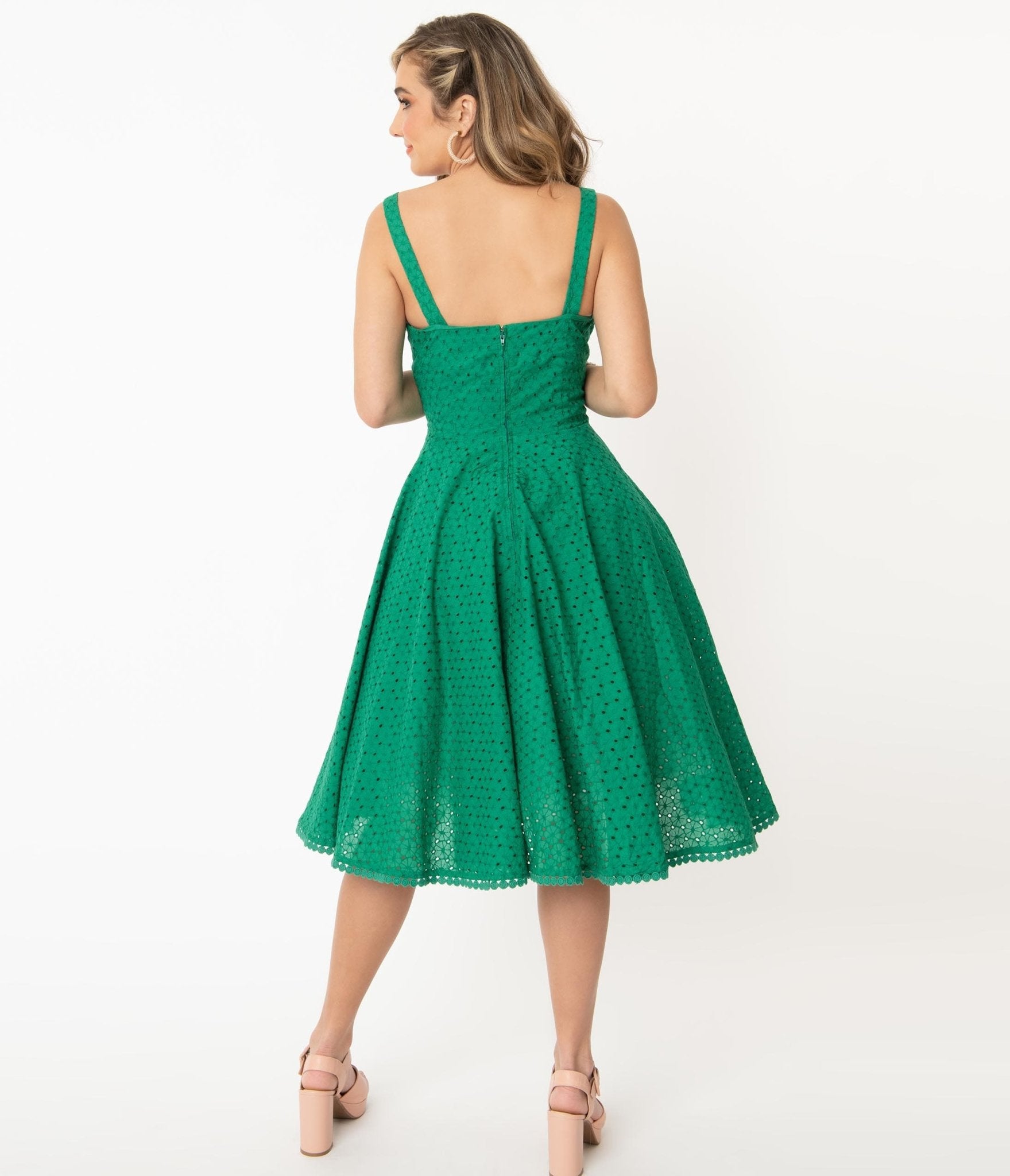 Vintage Style Green Floral Eyelet Valerie Swing Dress - Unique Vintage - Womens, DRESSES, SWING