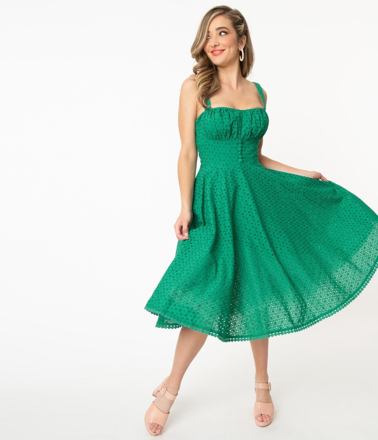 Vintage Style Green Floral Eyelet Valerie Swing Dress - Unique Vintage - Womens, DRESSES, SWING