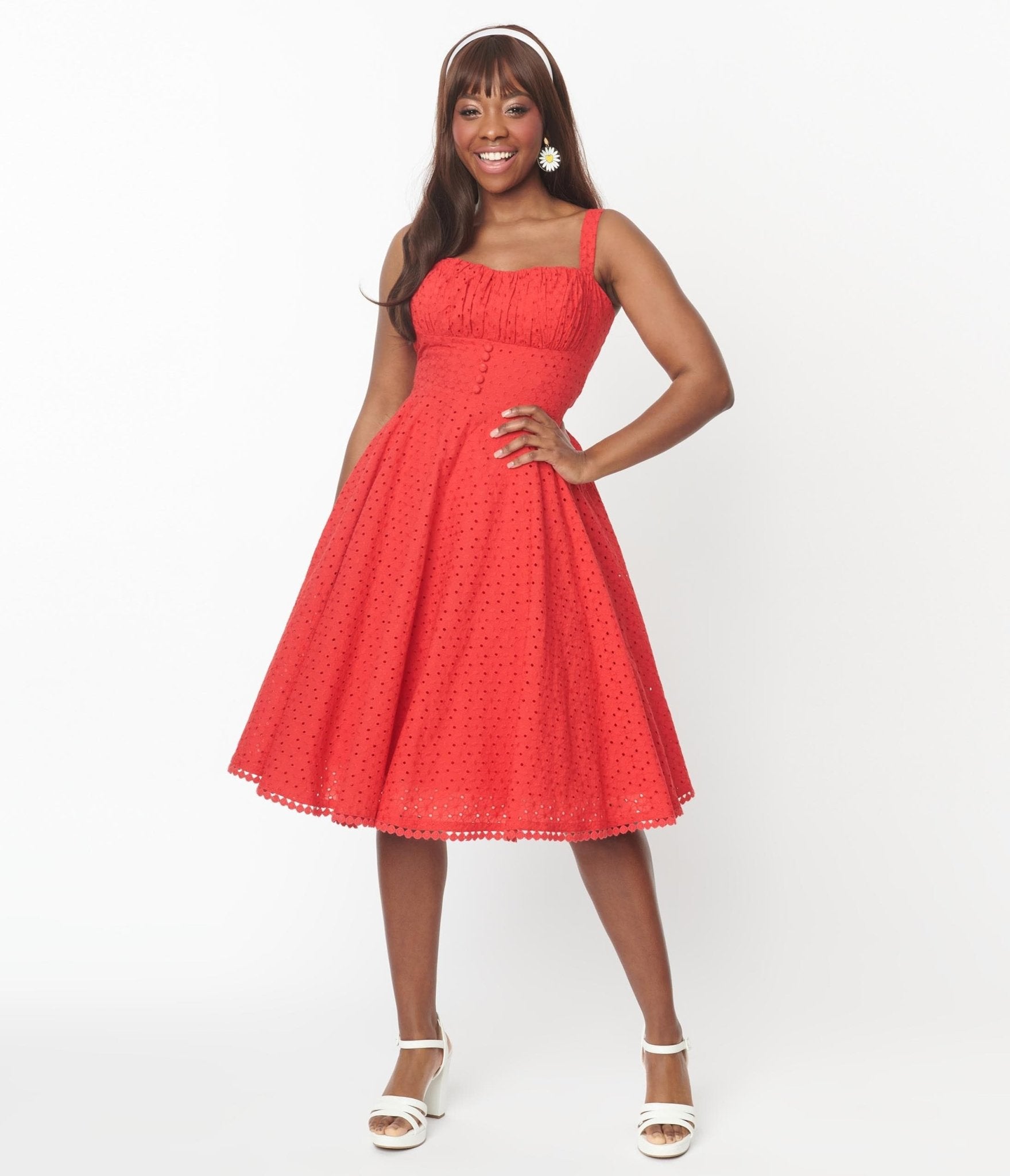 Vintage Style Red Floral Eyelet Valerie Swing Dress Unique Vintage