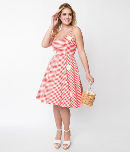 Voodoo Vixen 1950s Style Red & White Gingham Daisy Dolly Swing Dress - Unique Vintage - Womens, DRESSES, SWING