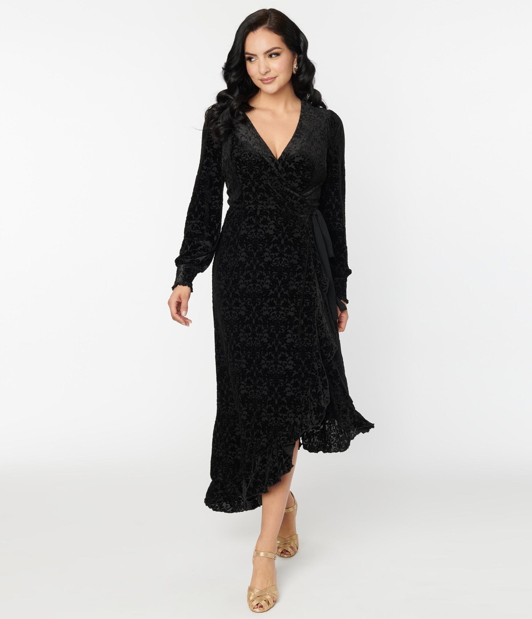 Voodoo Vixen Black Devore Gayle Wrap Dress - Unique Vintage - Womens, DRESSES, MIDI