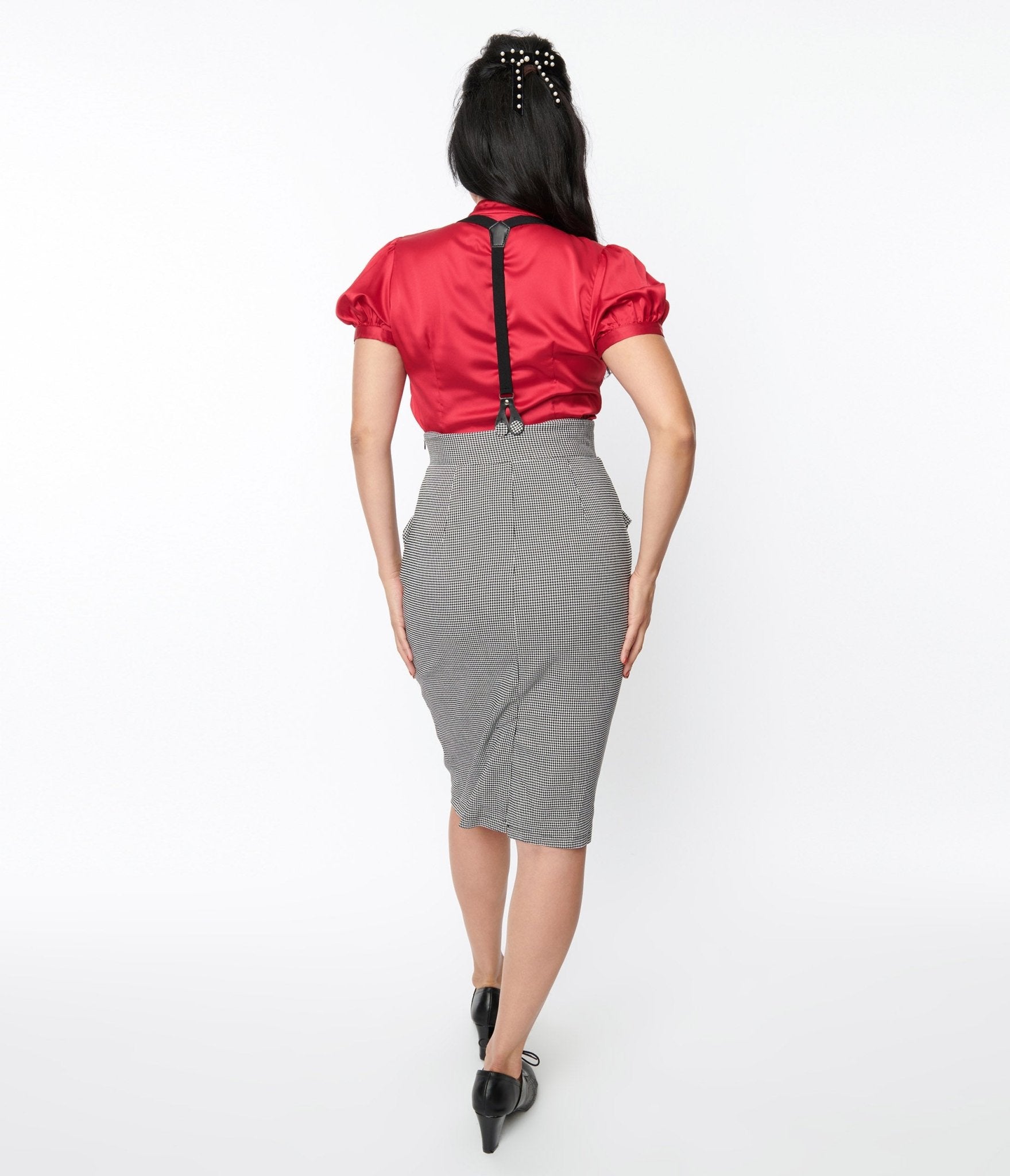 Voodoo Vixen Black & White Houndstooth Suspender Wiggle Skirt - Unique Vintage - Womens, BOTTOMS, SKIRTS