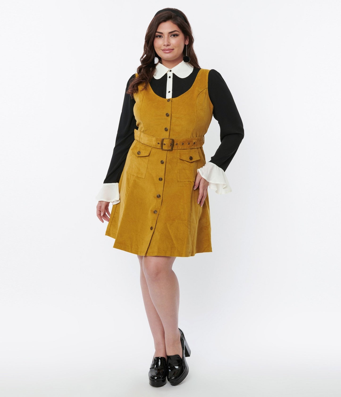Voodoo Vixen Mustard Yellow Corduroy Belted A-Line Dress - Unique Vintage - Womens, DRESSES, SHIFTS