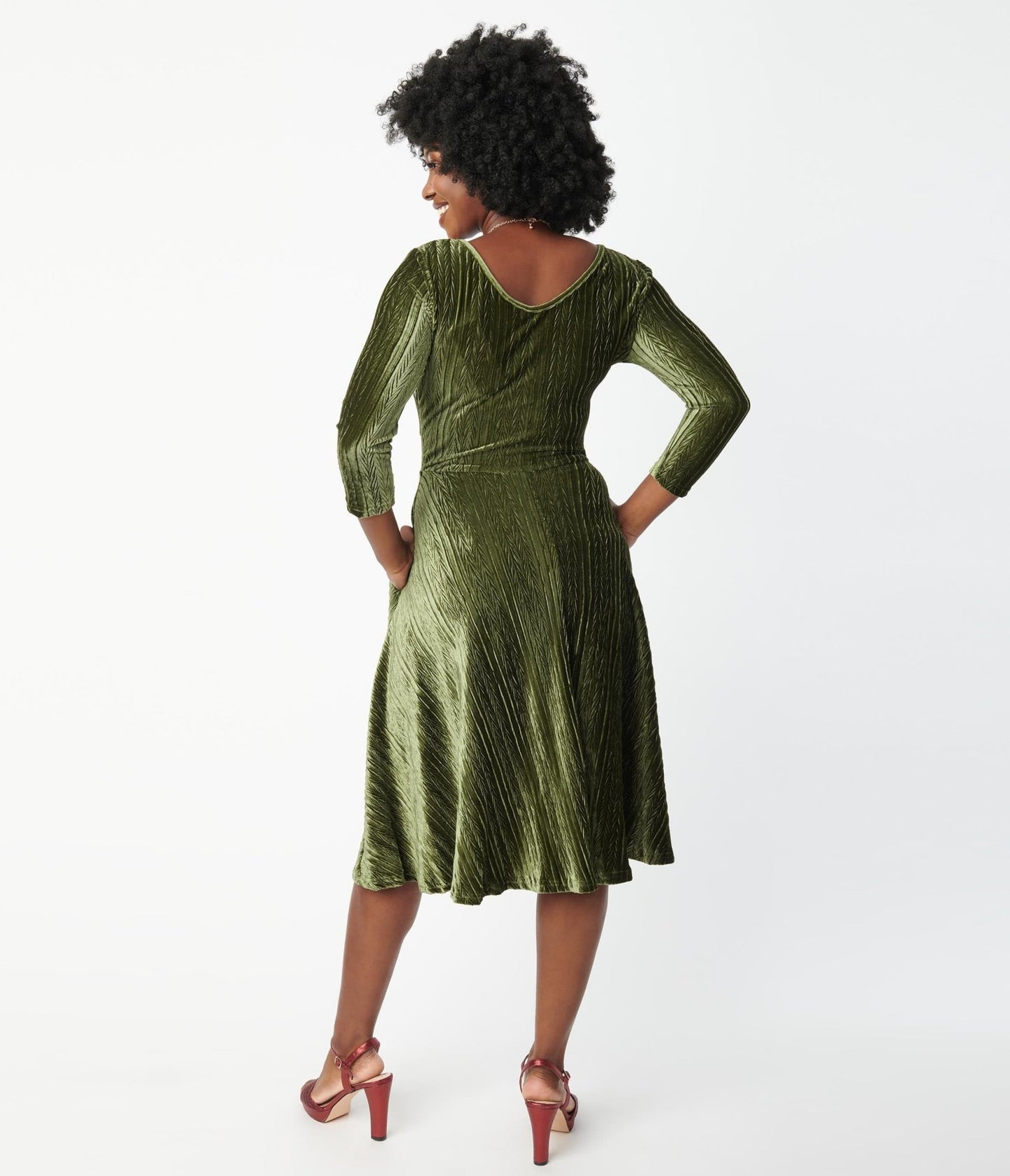 Voodoo Vixen Olive Embossed Velvet Swing Dress - Unique Vintage - Womens, DRESSES, FIT AND FLARE