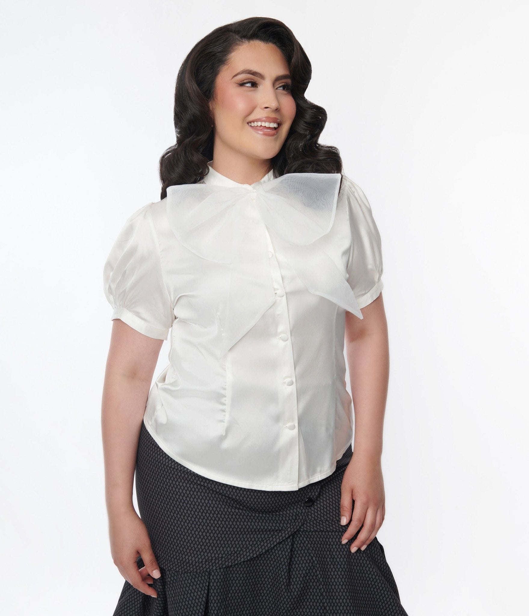 Voodoo Vixen Plus Size Ivory Bold Bow Satin Blouse - Unique Vintage - Womens, TOPS, WOVEN TOPS