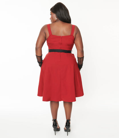 Voodoo Vixen Red & Black Heart Buckle Flare Dress - Unique Vintage - Womens, DRESSES, SWING