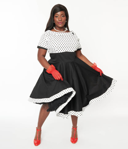 White & Black Polka Dot Retro Swing Dress - Unique Vintage - Womens, DRESSES, SWING