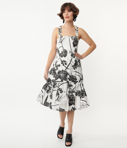 White & Black Tropical Floral Print Midi Dress - Unique Vintage - Womens, DRESSES, MIDI