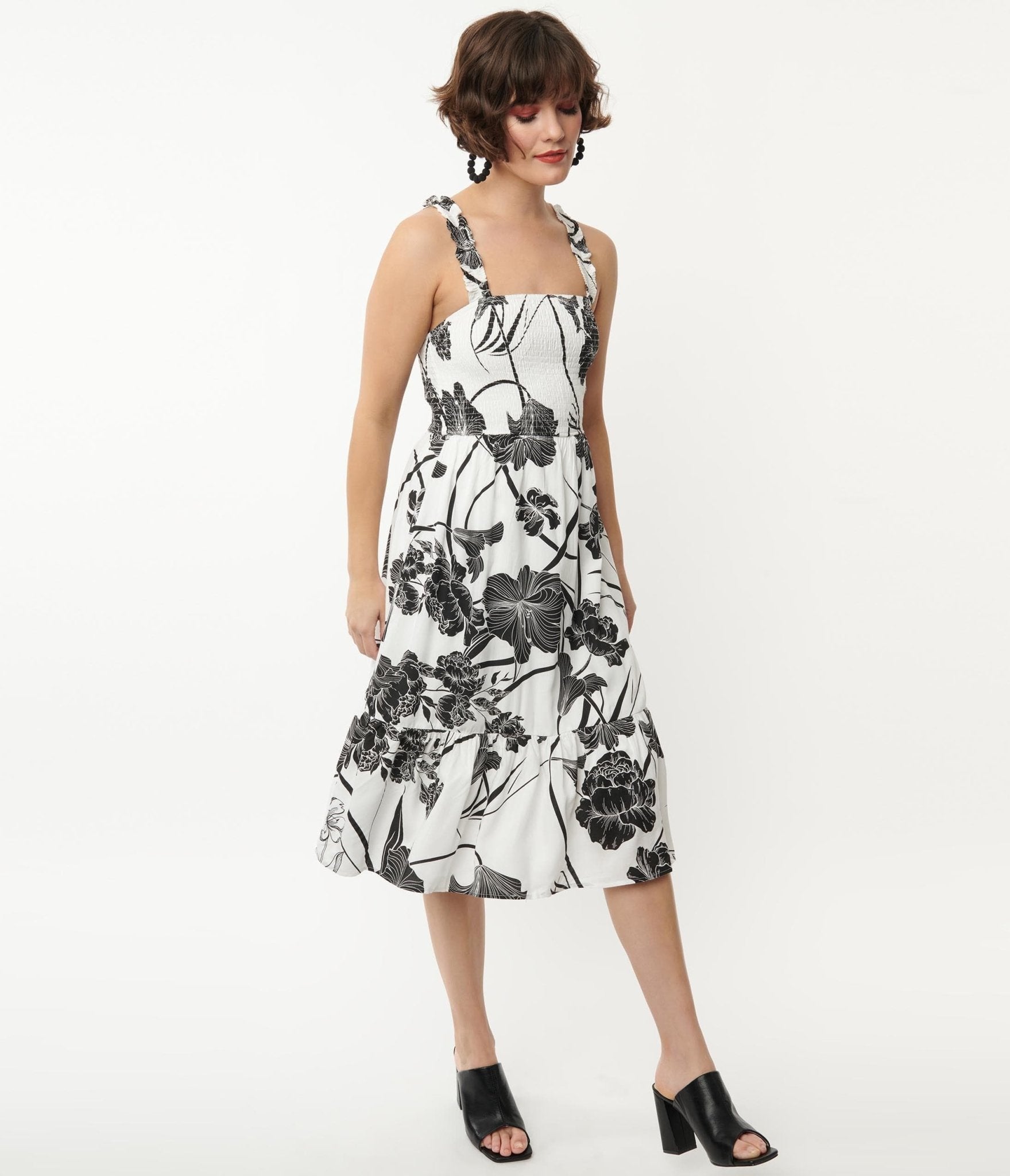 White & Black Tropical Floral Print Midi Dress - Unique Vintage - Womens, DRESSES, MIDI