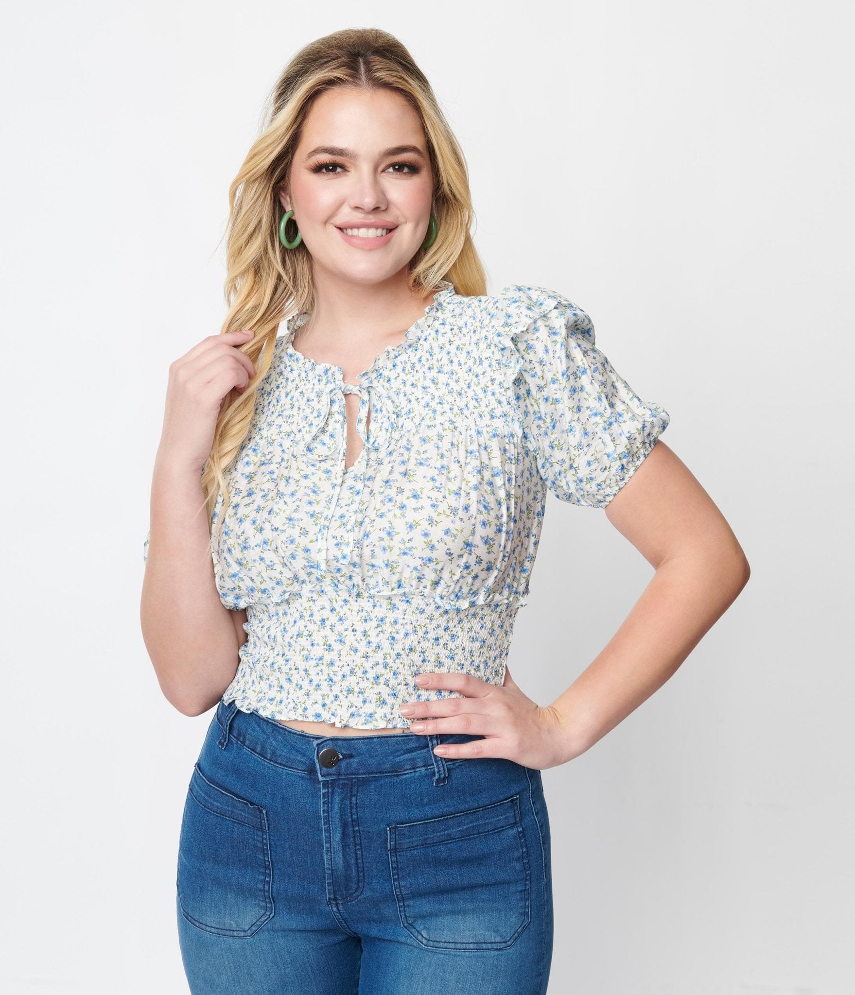 White & Blue Floral Smocked Waist Top - Unique Vintage - Womens, TOPS, WOVEN TOPS